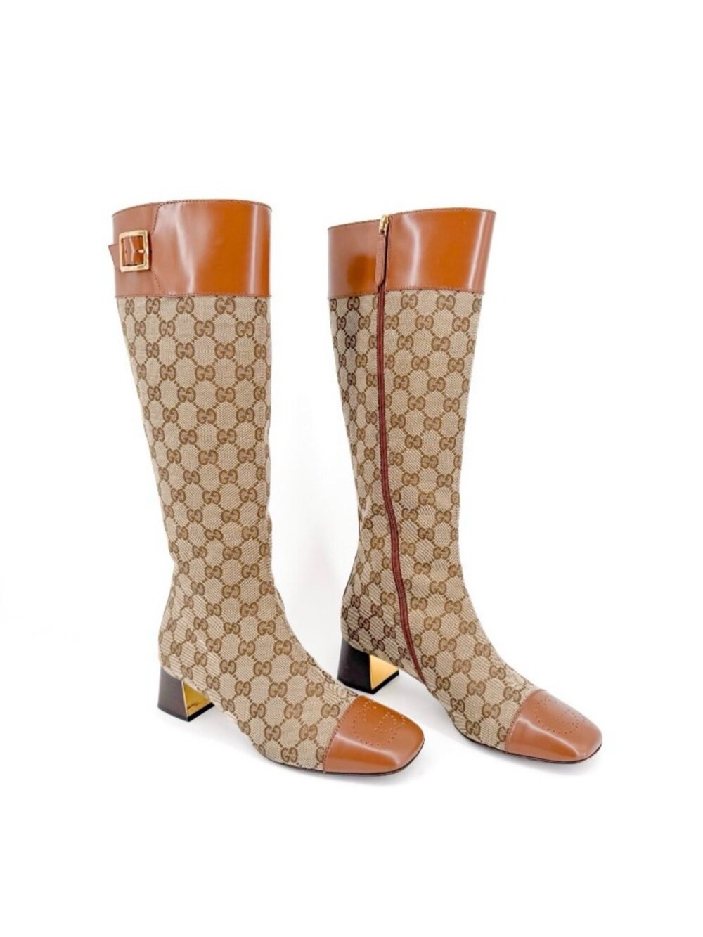New Gucci GG canvas ankle heeled women boots, brown, size 38, US 8